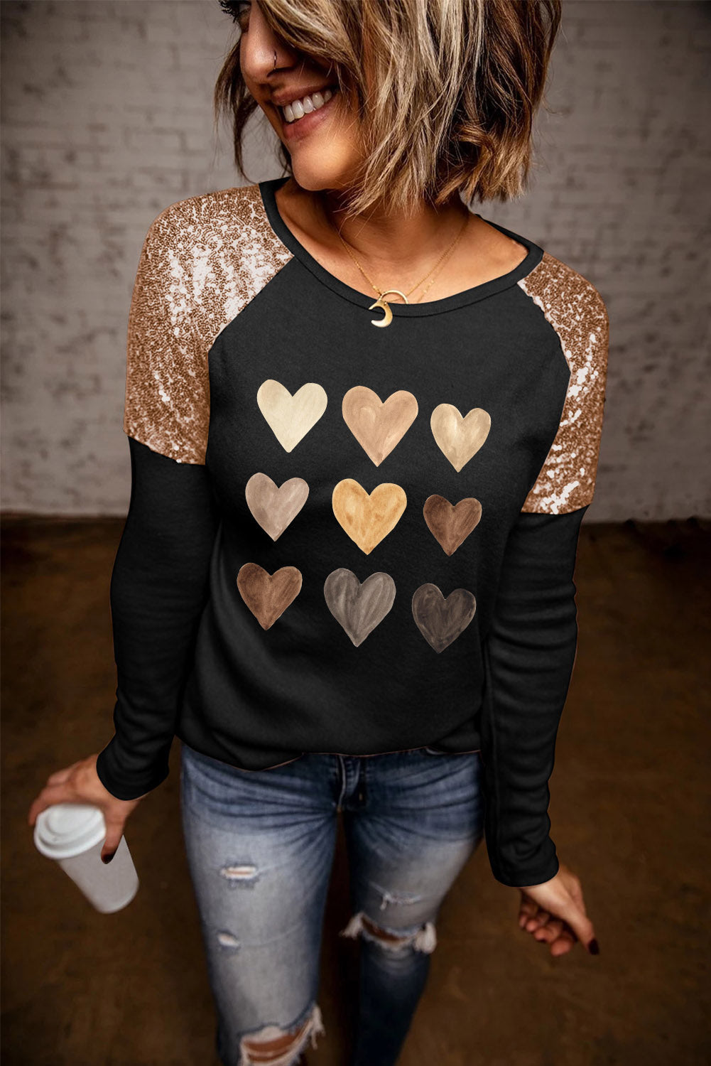 Contrast Sequin Heart Graphic Raglan Sleeve Top featuring a stylish heart design and long sleeves, perfect for casual wear.