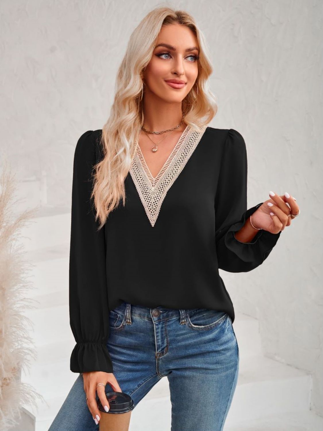 A stylish Contrast Trim Flounce Sleeve V-Neck Blouse featuring elegant flounce sleeves and a chic contrast pattern, perfect for casual and romantic occasions.