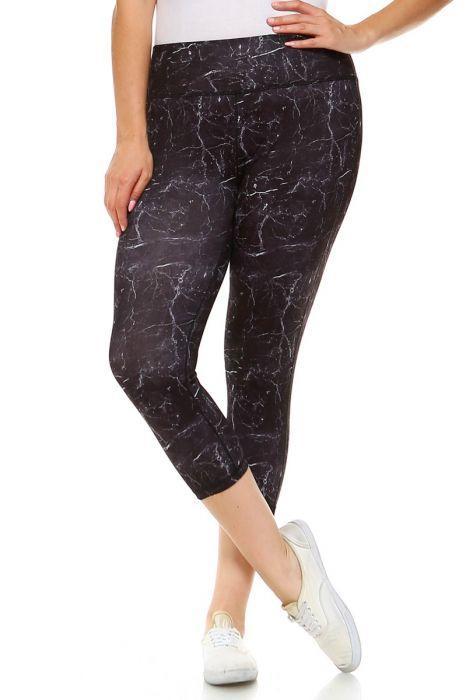 PLUS Black Marble Print Capri Leggings featuring an elasticized waist and stylish design, perfect for workouts and casual wear.