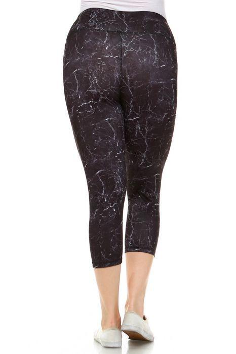 PLUS Black Marble Print Capri Leggings featuring an elasticized waist and stylish design, perfect for workouts and casual wear.