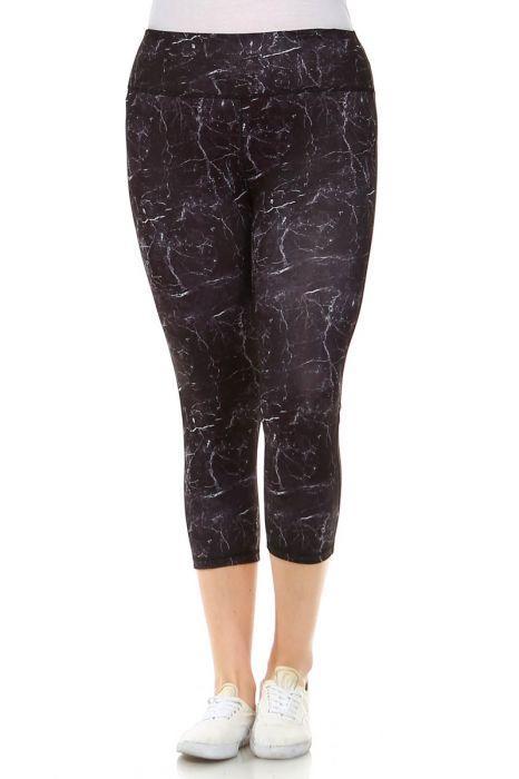 PLUS Black Marble Print Capri Leggings featuring an elasticized waist and stylish design, perfect for workouts and casual wear.