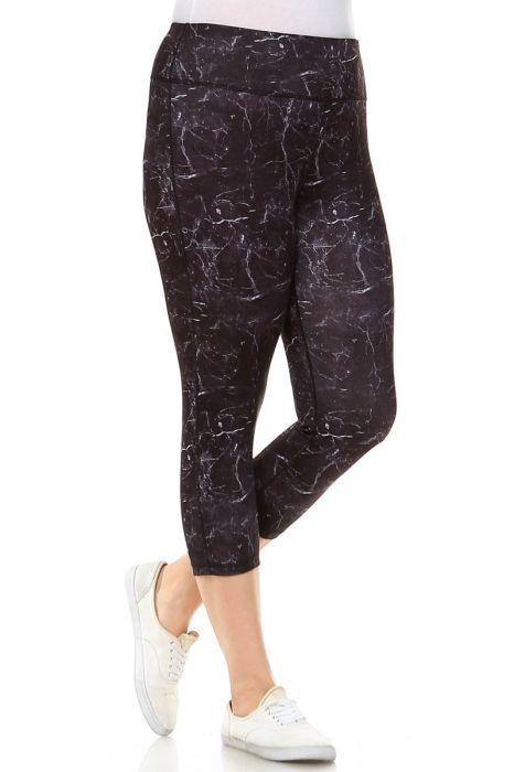 PLUS Black Marble Print Capri Leggings featuring an elasticized waist and stylish design, perfect for workouts and casual wear.