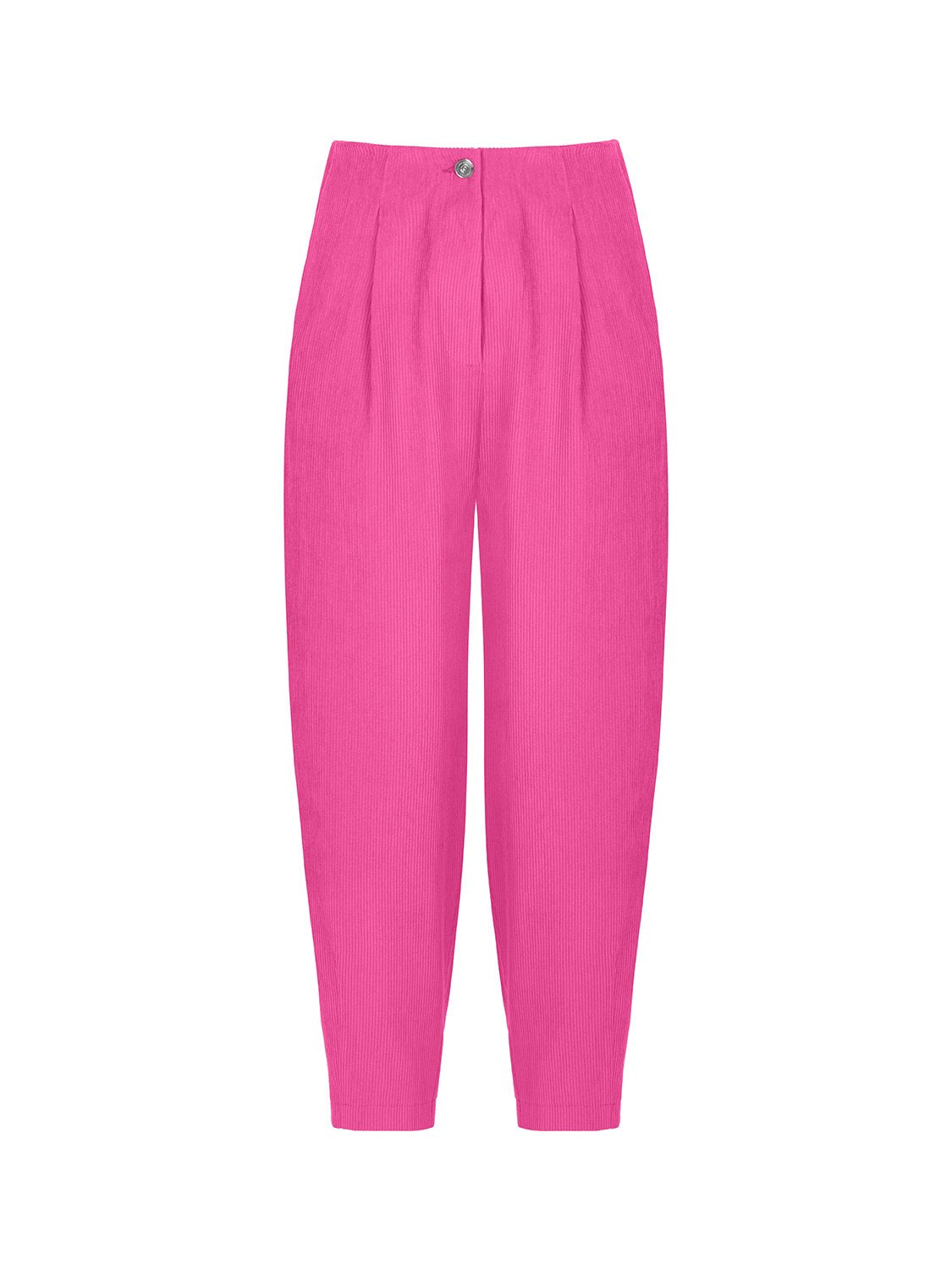 A pair of high-waisted corduroy slouchy pants in vibrant orange, pink, and blue colors, featuring pleat details and side pockets.