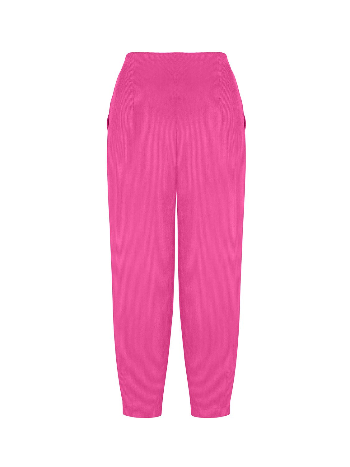 A pair of high-waisted corduroy slouchy pants in vibrant orange, pink, and blue colors, featuring pleat details and side pockets.