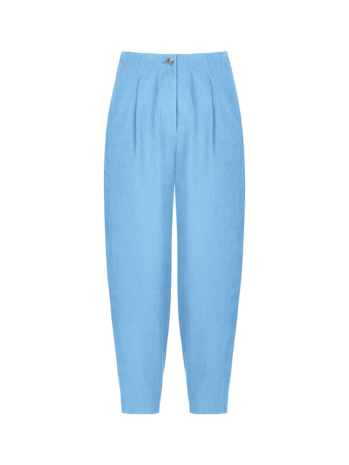 A pair of high-waisted corduroy slouchy pants in a vibrant color, featuring pleat details and side pockets.