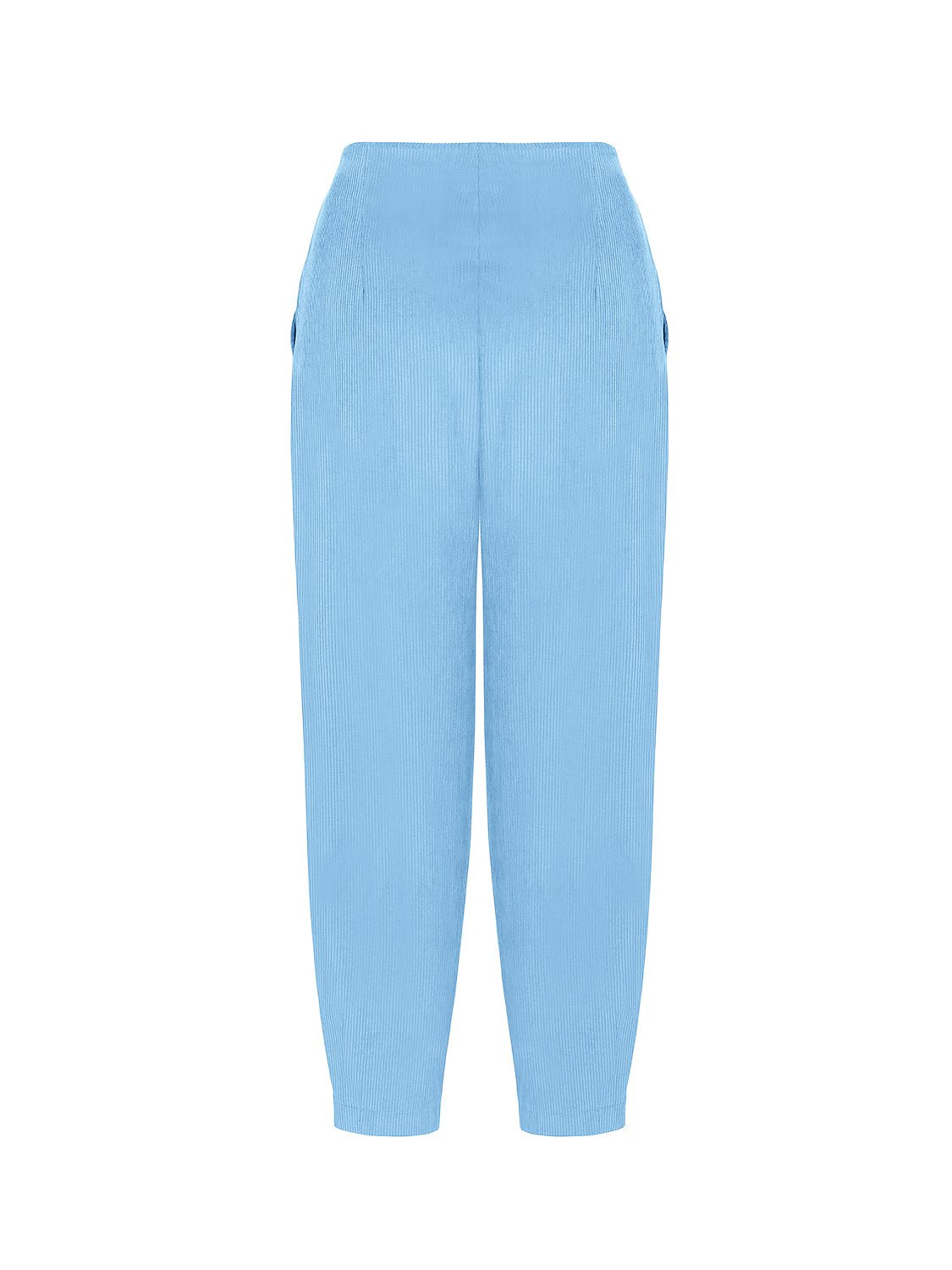 A pair of high-waisted corduroy slouchy pants in a vibrant color, featuring pleat details and side pockets.