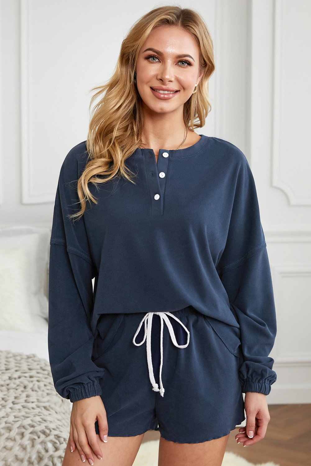 Cotton Blend Slouchy Set featuring a soft knit pullover and matching shorts with a stylish patchwork design and elastic drawstring waist.