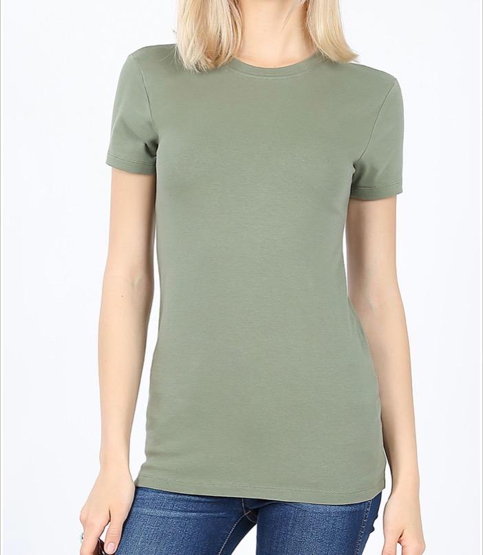 A relaxed fit Cotton Crew Neck top in a soothing sage color, showcasing its soft fabric and flattering design.