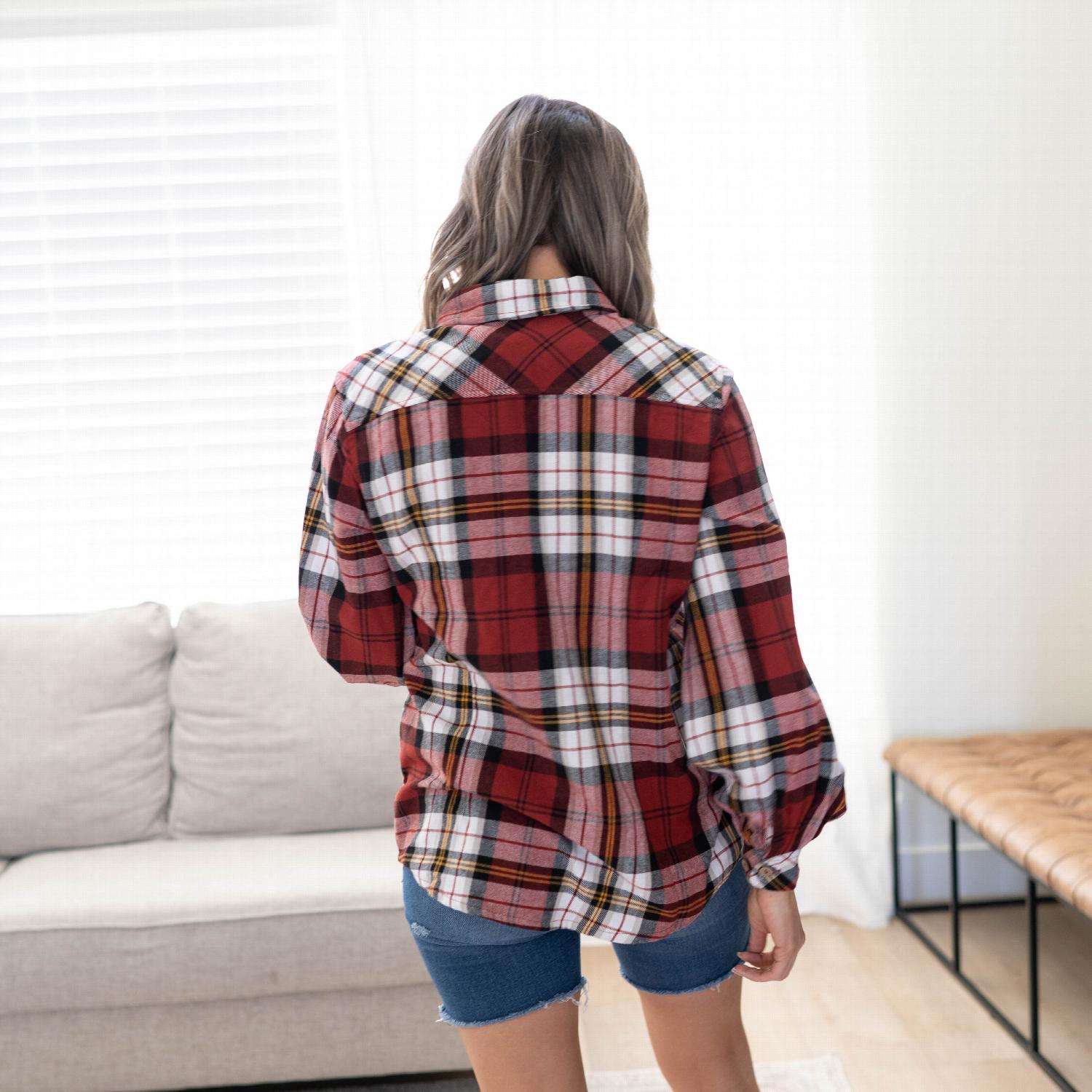 Cotton plaid long sleeve shirt in burgundy and mustard colors, featuring a collared neck and button placket.