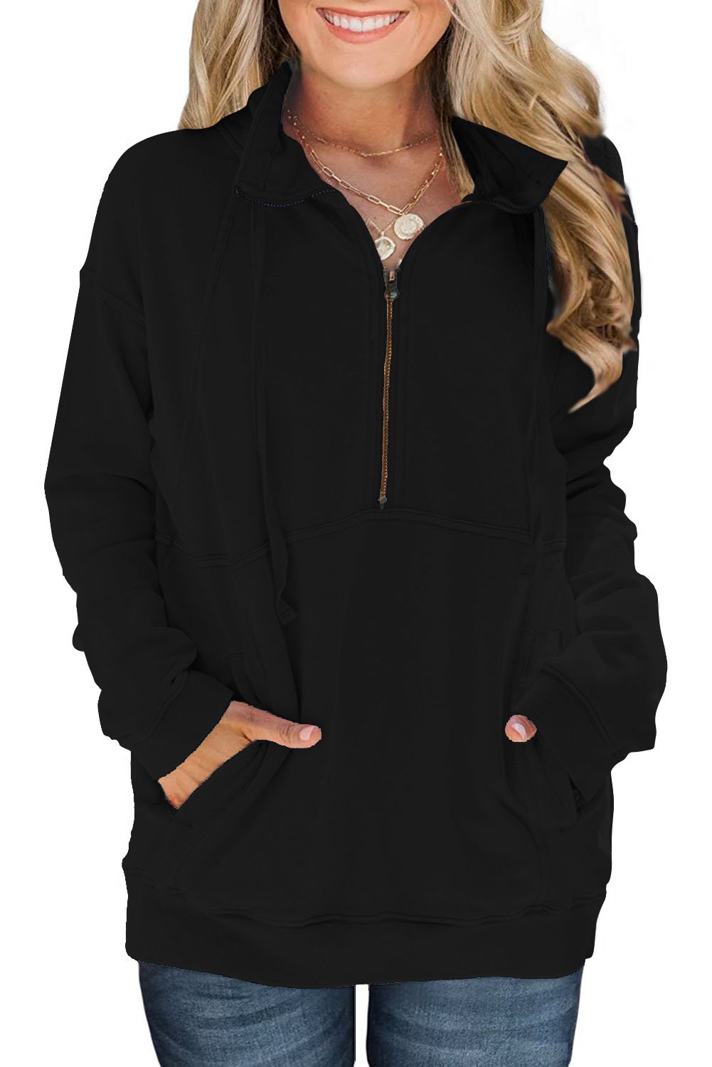 Cotton Pocketed Half Zip Pullover in pink, featuring a kangaroo pocket and drawstring design, perfect for casual wear.