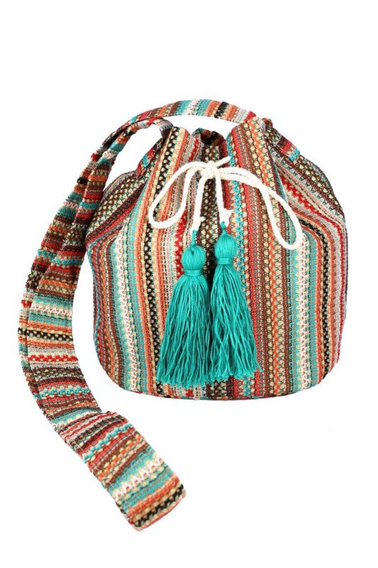 Cotton Tassel Boho Bucket Bag featuring stylish tassels and spacious design.