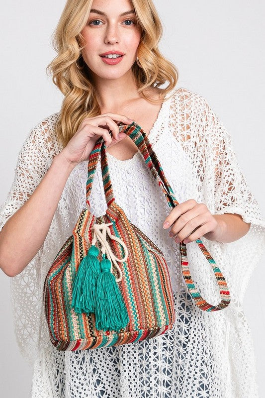 Cotton Tassel Boho Bucket Bag featuring stylish tassels and spacious design.