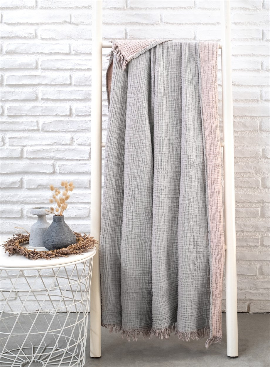 A cozy Cotton Throw Blanket in powder pink and gray, showcasing its double-sided design and soft texture, perfect for couch or beach use.