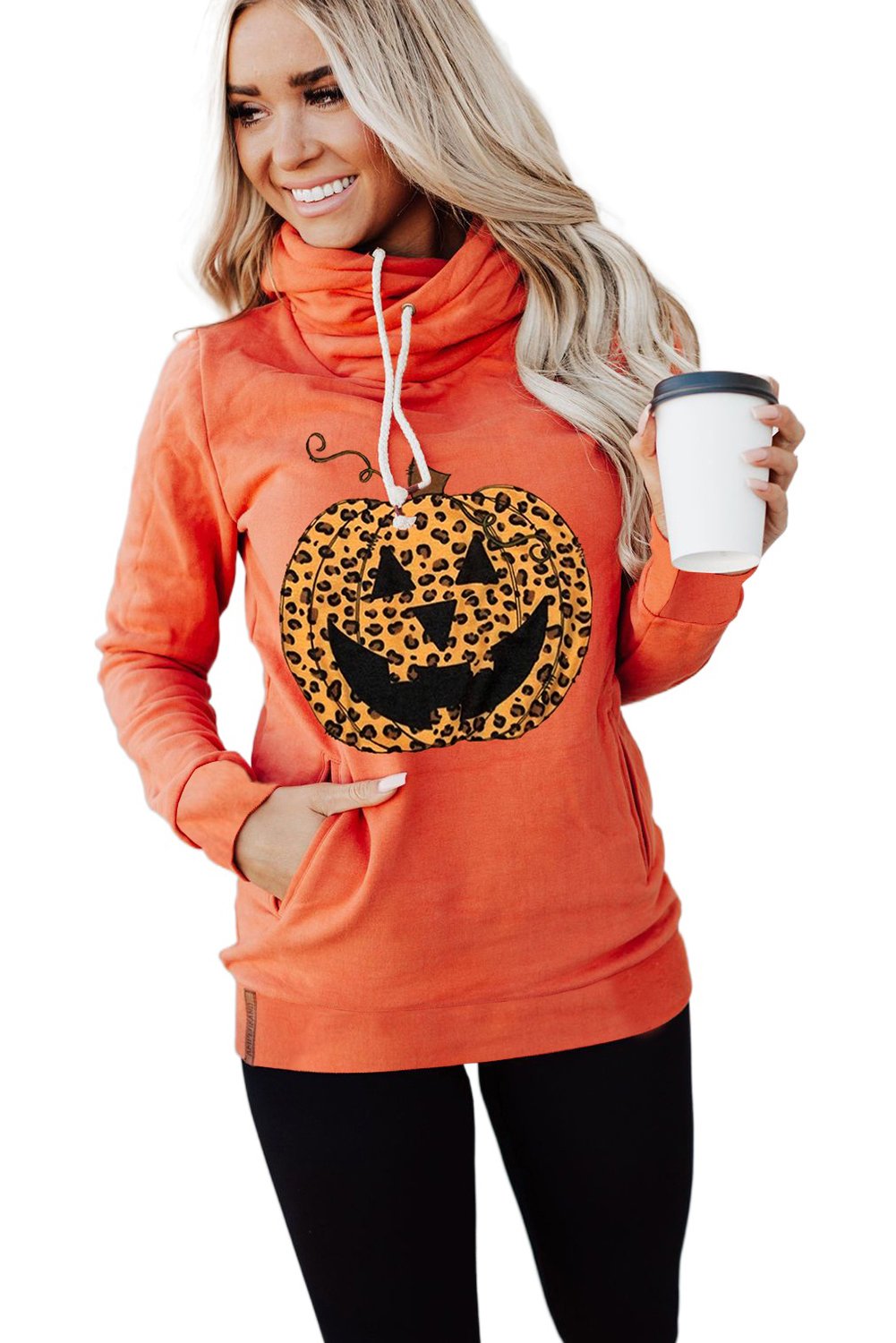 Cowl Neck Pumpkin Print Halloween Hoodie featuring a fun pumpkin design, adjustable drawstring, and cozy fit.