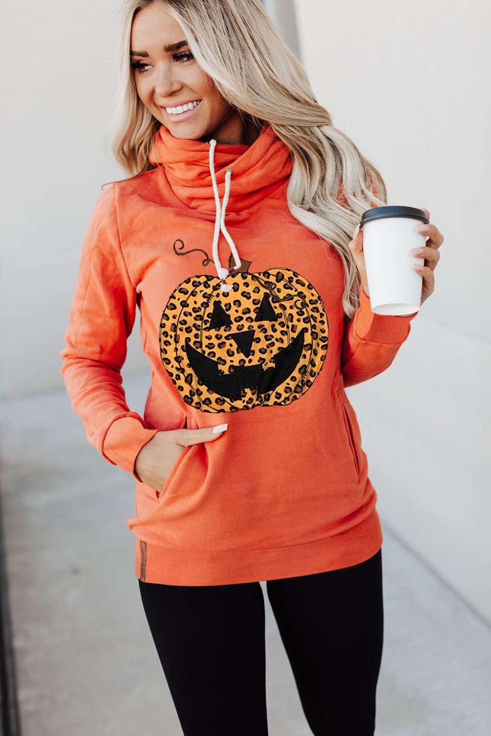 Cowl Neck Pumpkin Print Halloween Hoodie featuring a fun pumpkin design, adjustable drawstring, and cozy fit.