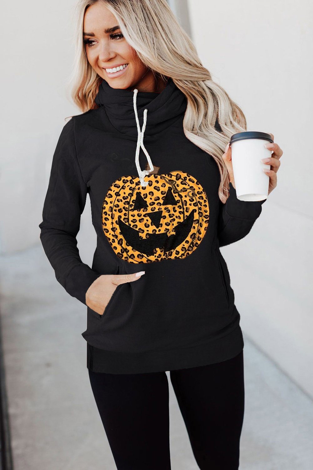 Cowl Neck Pumpkin Print Halloween Hoodie featuring a fun pumpkin design, adjustable drawstring, and cozy fit.