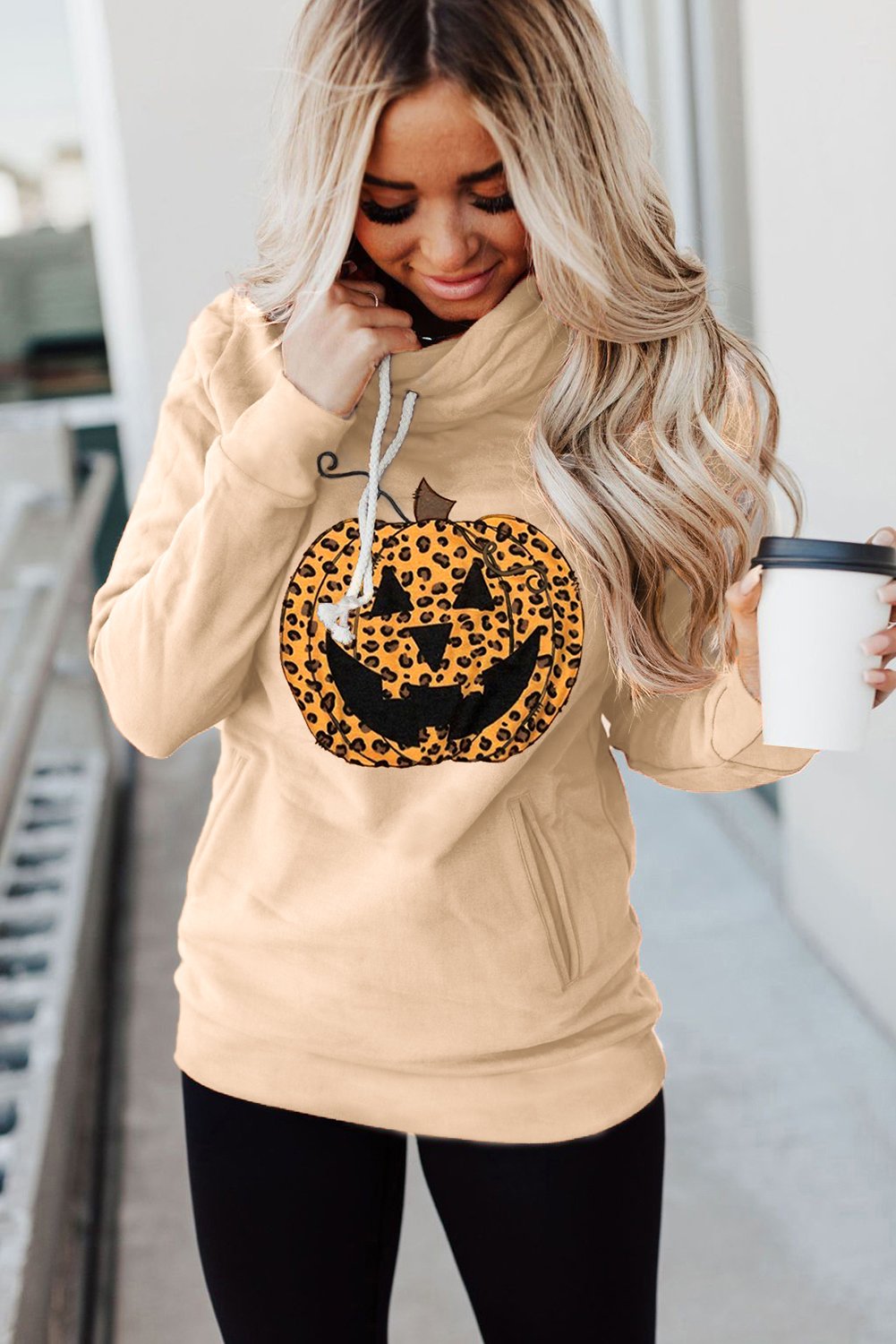 Cowl Neck Pumpkin Print Halloween Hoodie featuring a fun pumpkin design, adjustable drawstring, and cozy fit.