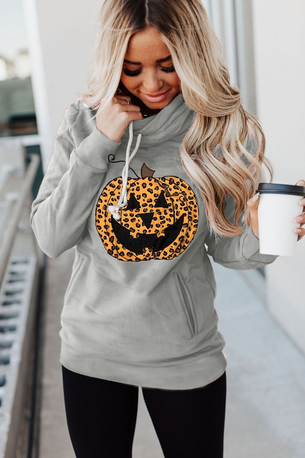 Cowl Neck Pumpkin Print Halloween Hoodie featuring a fun pumpkin design, adjustable drawstring, and cozy fit.