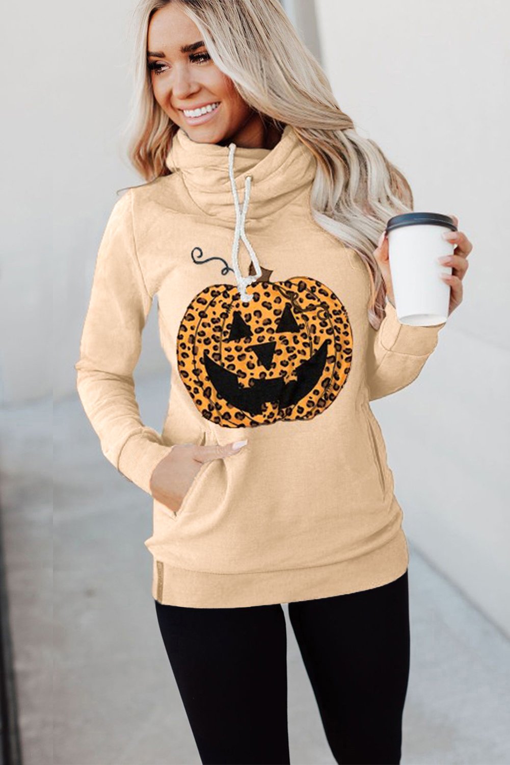 Cowl Neck Pumpkin Print Halloween Hoodie featuring a fun pumpkin design, adjustable drawstring, and cozy fit.