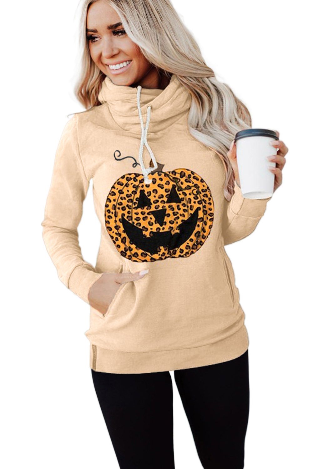 Cowl Neck Pumpkin Print Halloween Hoodie featuring a fun pumpkin design, adjustable drawstring, and cozy fit.