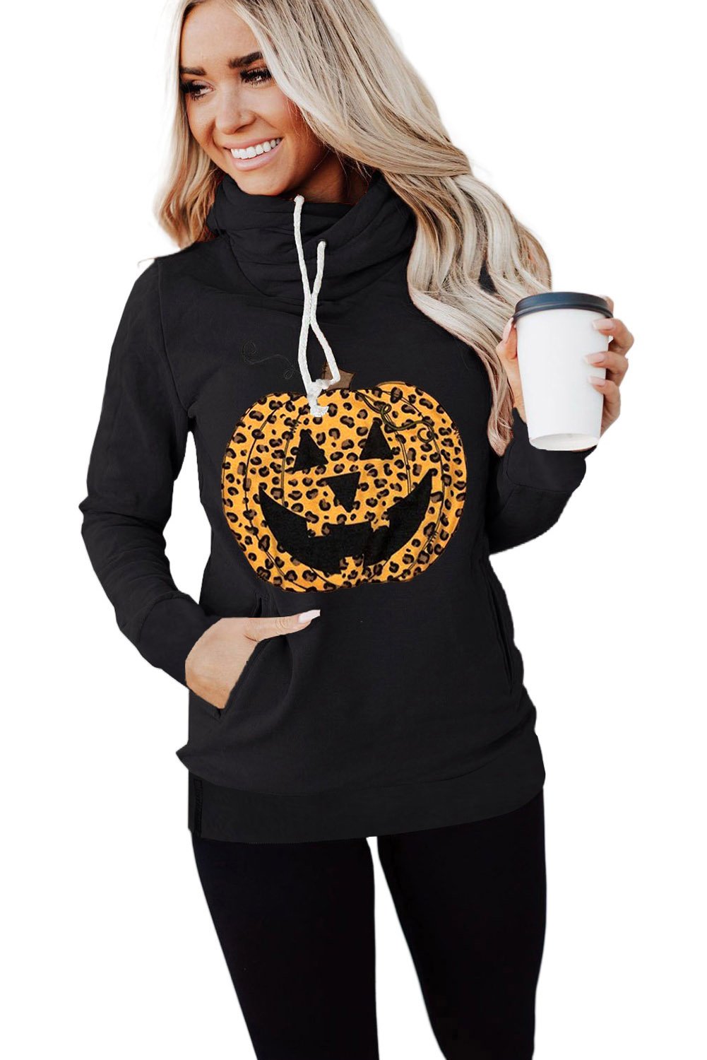 Cowl Neck Pumpkin Print Halloween Hoodie featuring a fun pumpkin design, adjustable drawstring, and cozy fit.