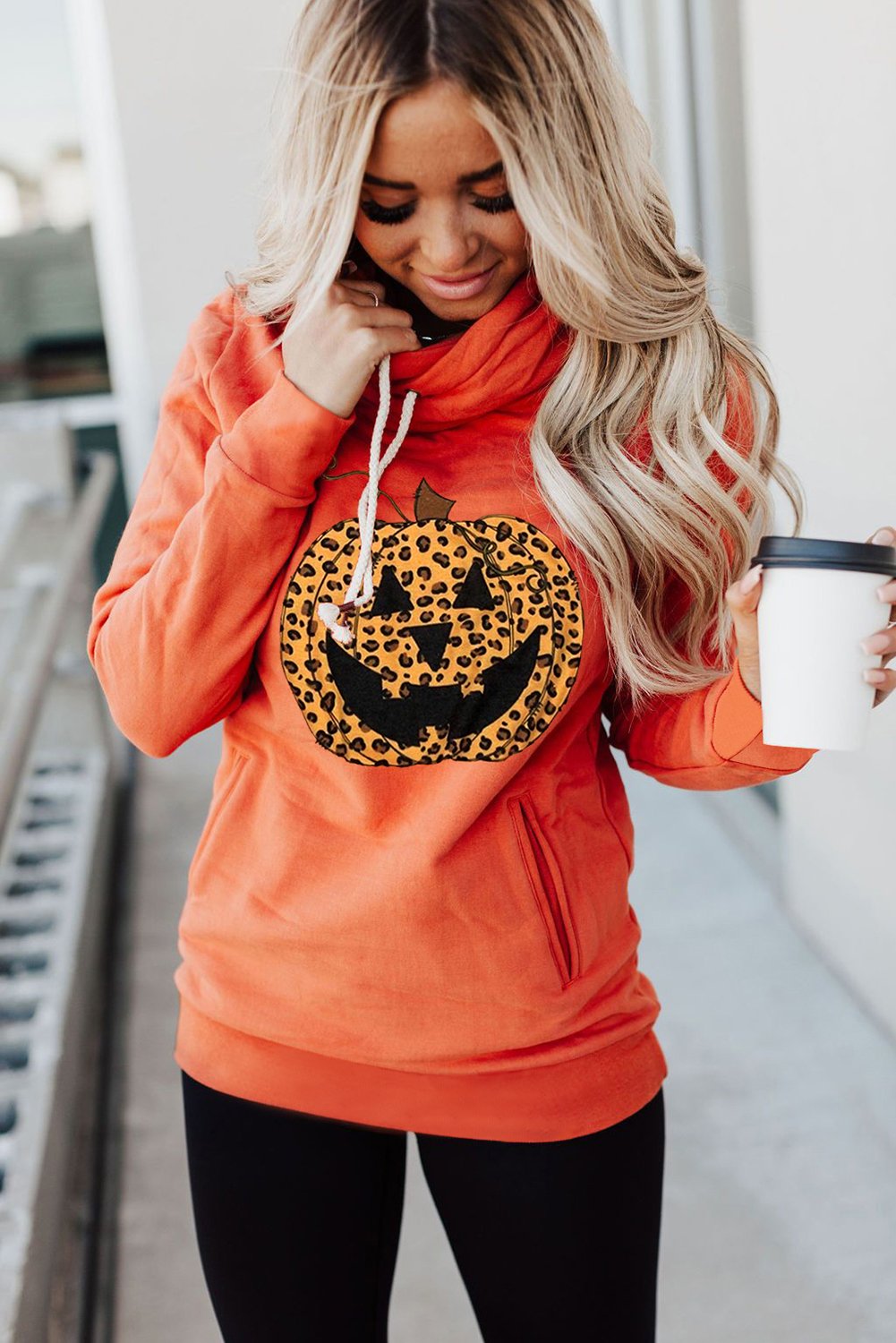 Cowl Neck Pumpkin Print Halloween Hoodie featuring a fun pumpkin design, adjustable drawstring, and cozy fit.