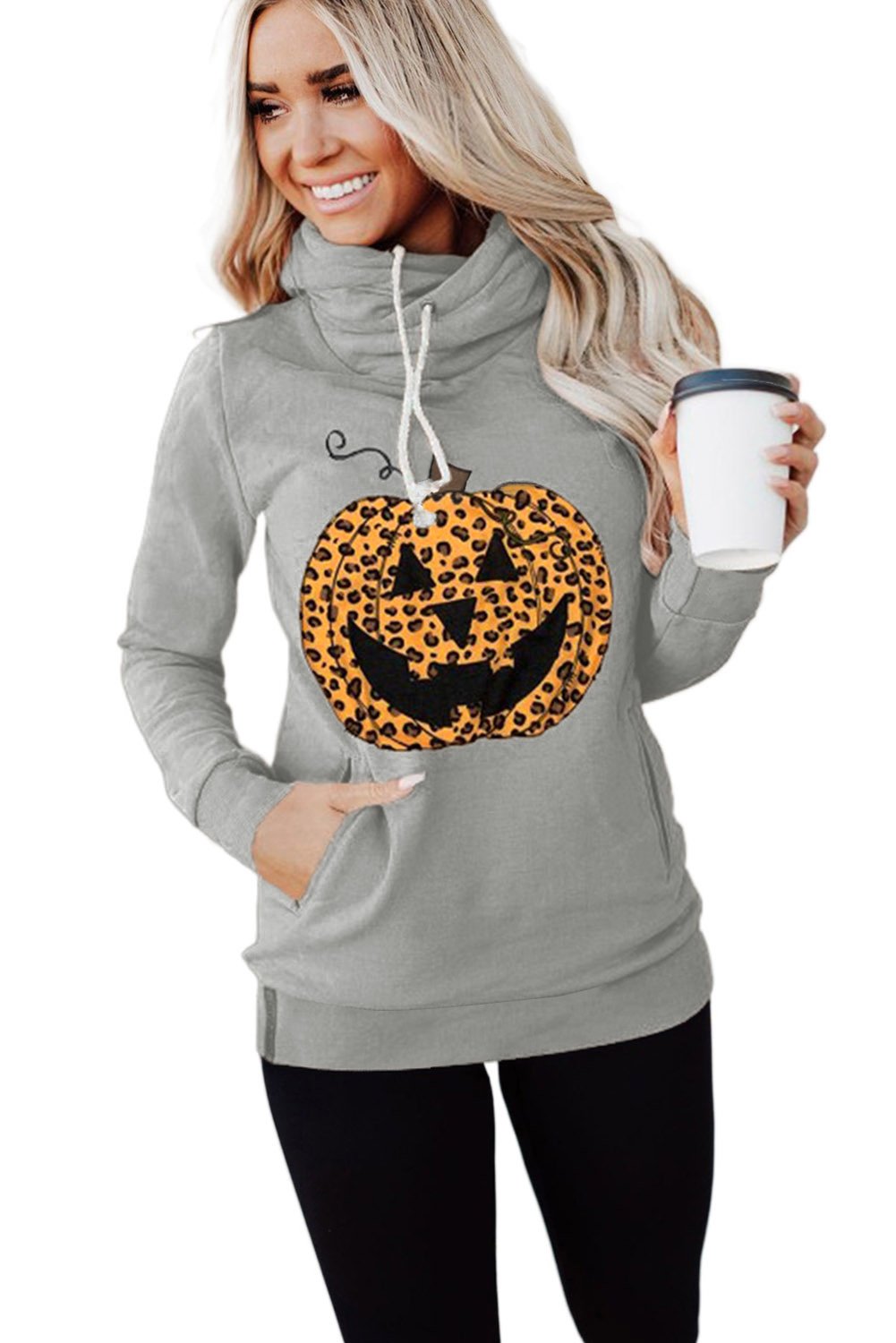 Cowl Neck Pumpkin Print Halloween Hoodie featuring a fun pumpkin design, adjustable drawstring, and cozy fit.