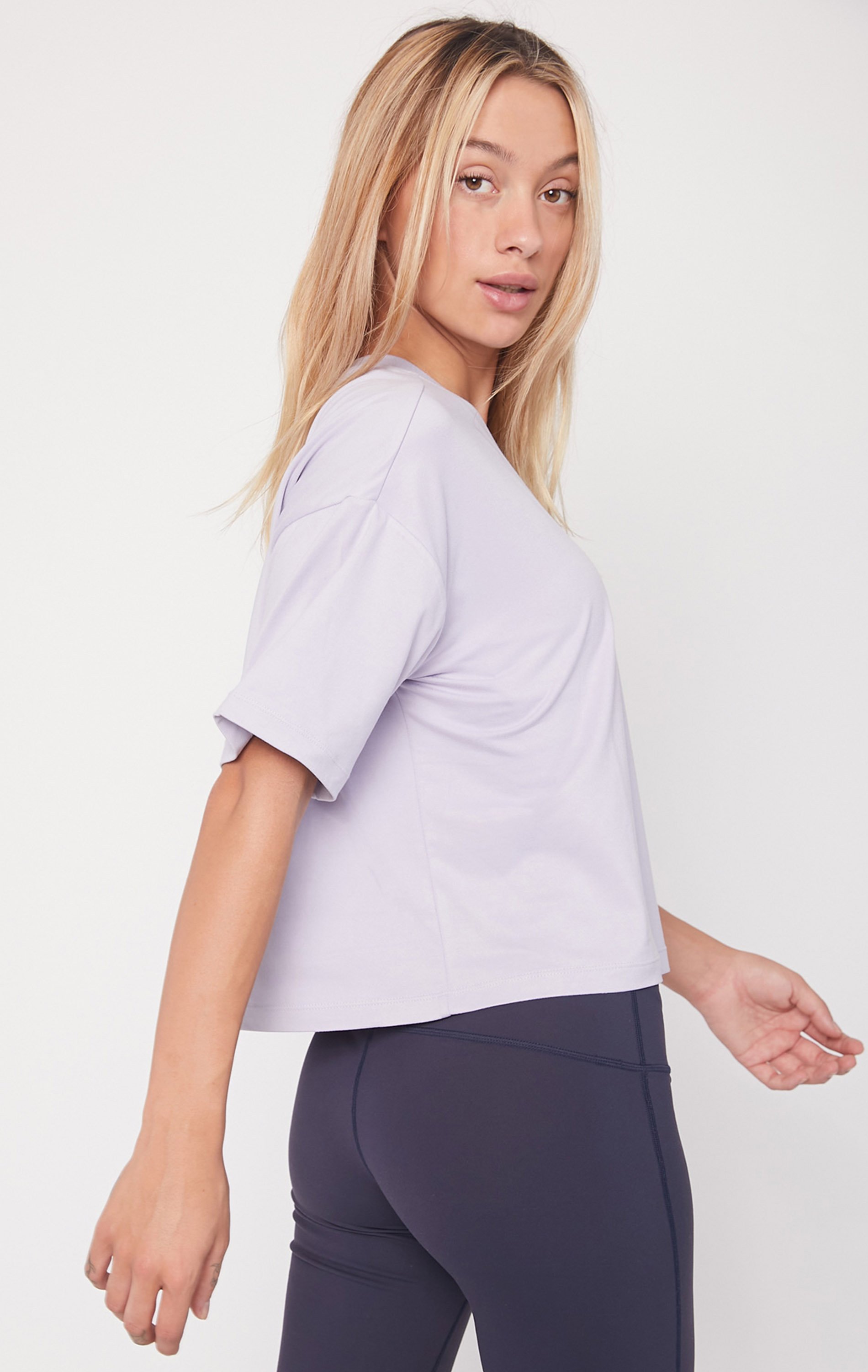 Cozy Boxy Tee in Purple Lace featuring a boxy fit, slightly cropped length, and longer sleeves, perfect for athleisure and casual wear.