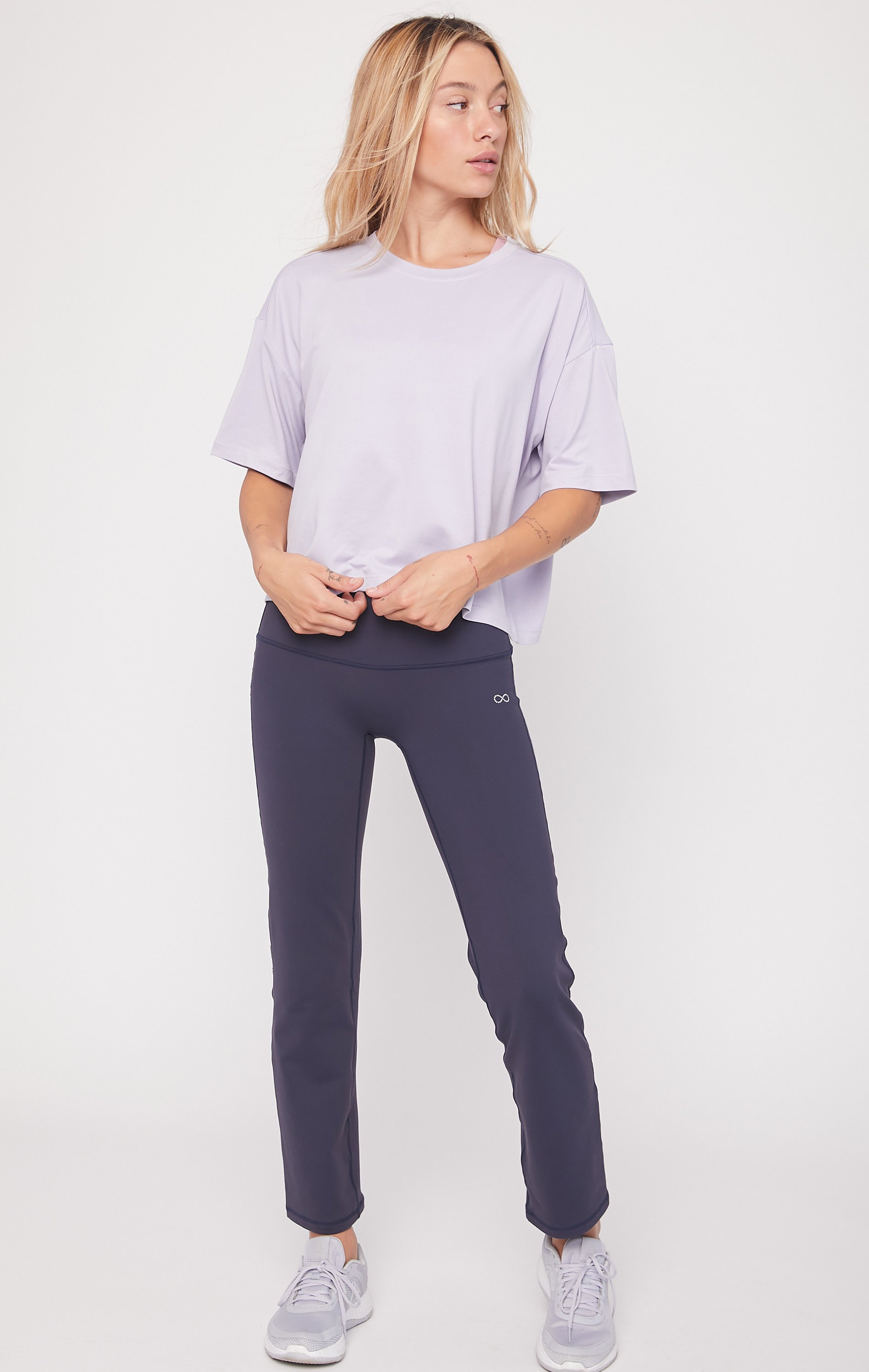 Cozy Boxy Tee in Purple Lace featuring a boxy fit, slightly cropped length, and longer sleeves, perfect for athleisure and casual wear.