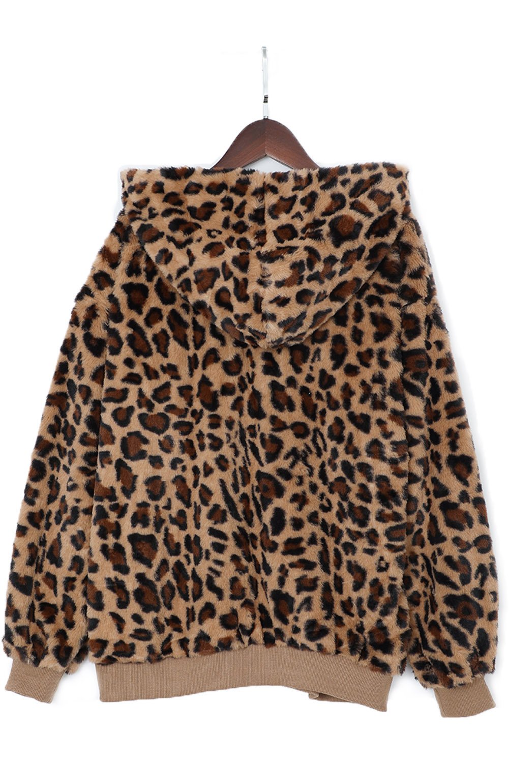 Cozy Plush Leopard Jacket featuring ultra-soft faux fur, bold leopard print, and a hooded back with hidden side pockets.