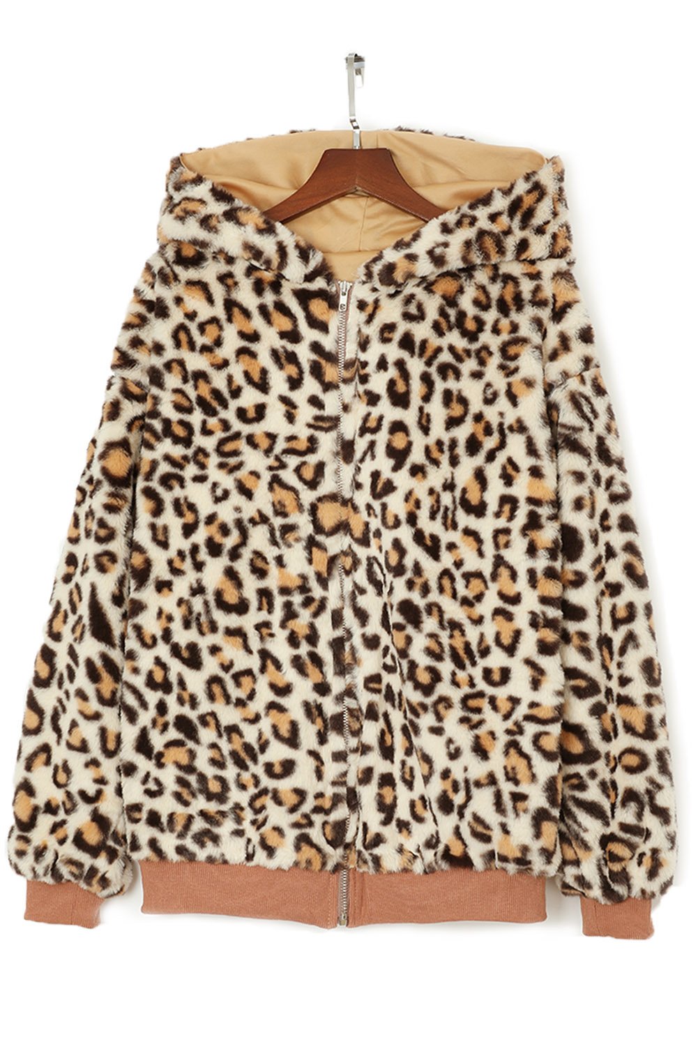 Cozy Plush Leopard Jacket featuring ultra-soft faux fur, bold leopard print, and a hooded back with hidden side pockets.