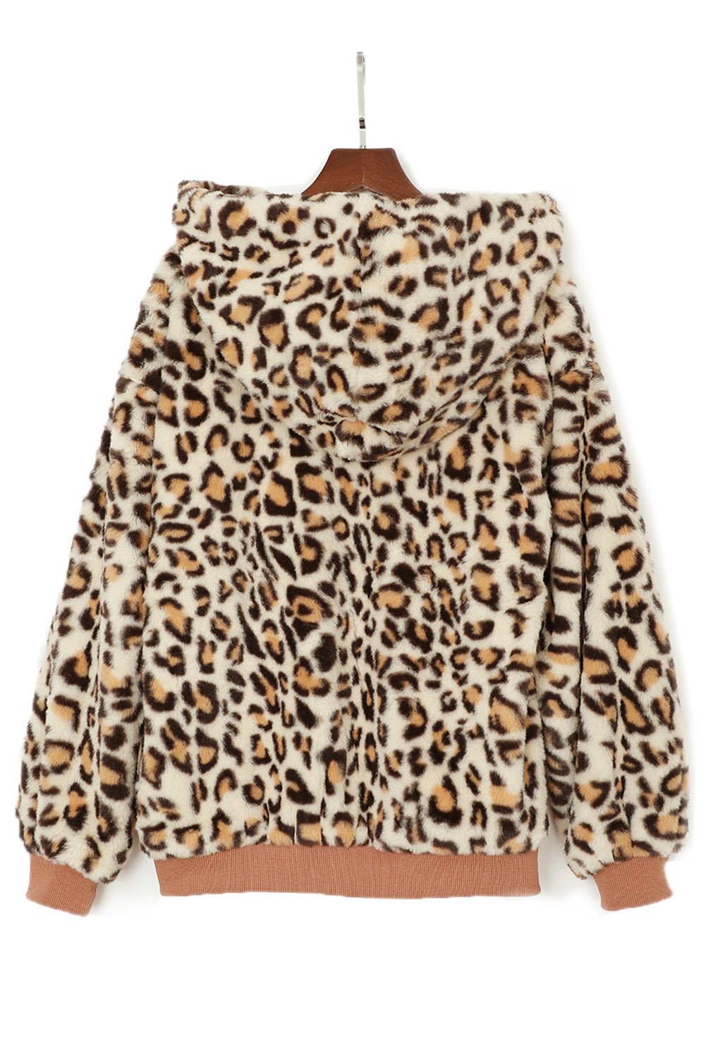 Cozy Plush Leopard Jacket featuring ultra-soft faux fur, bold leopard print, and a hooded back with hidden side pockets.