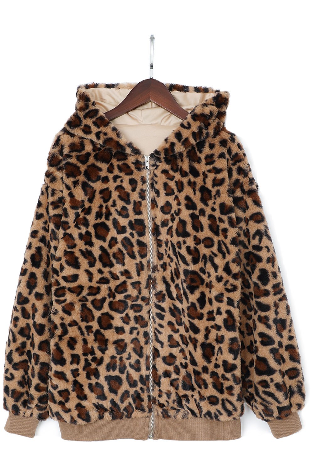 Cozy Plush Leopard Jacket featuring ultra-soft faux fur, bold leopard print, and a hooded back with hidden side pockets.