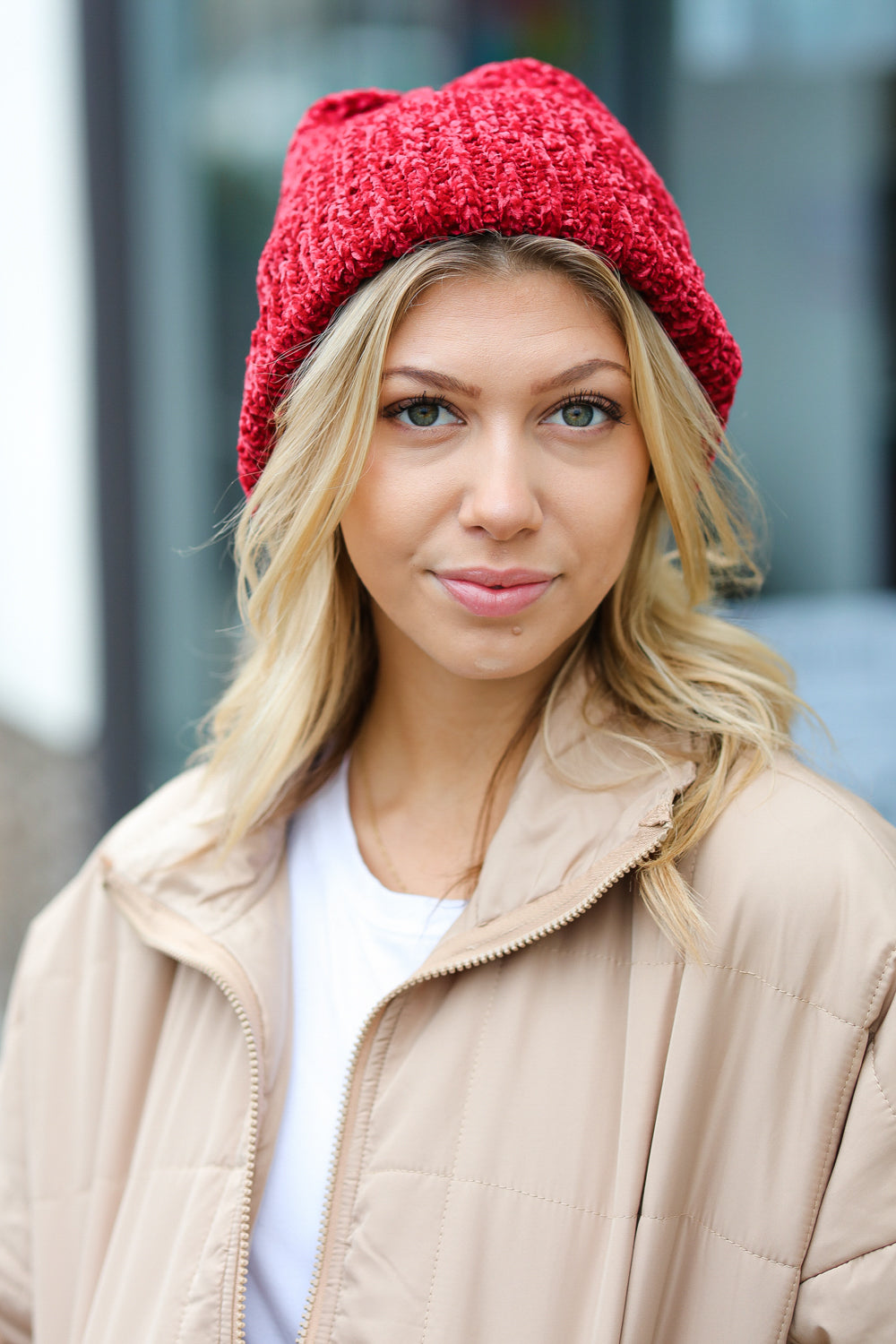 Cranberry Knit Velvet Chenille Fold Over Beanie displayed on a neutral background, showcasing its soft texture and vibrant color.