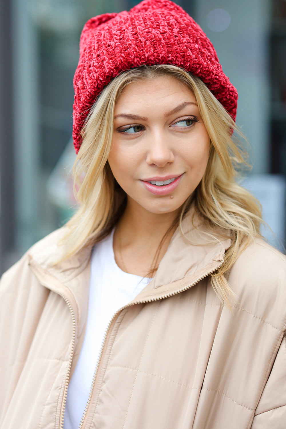 Cranberry Knit Velvet Chenille Fold Over Beanie displayed on a neutral background, showcasing its soft texture and vibrant color.