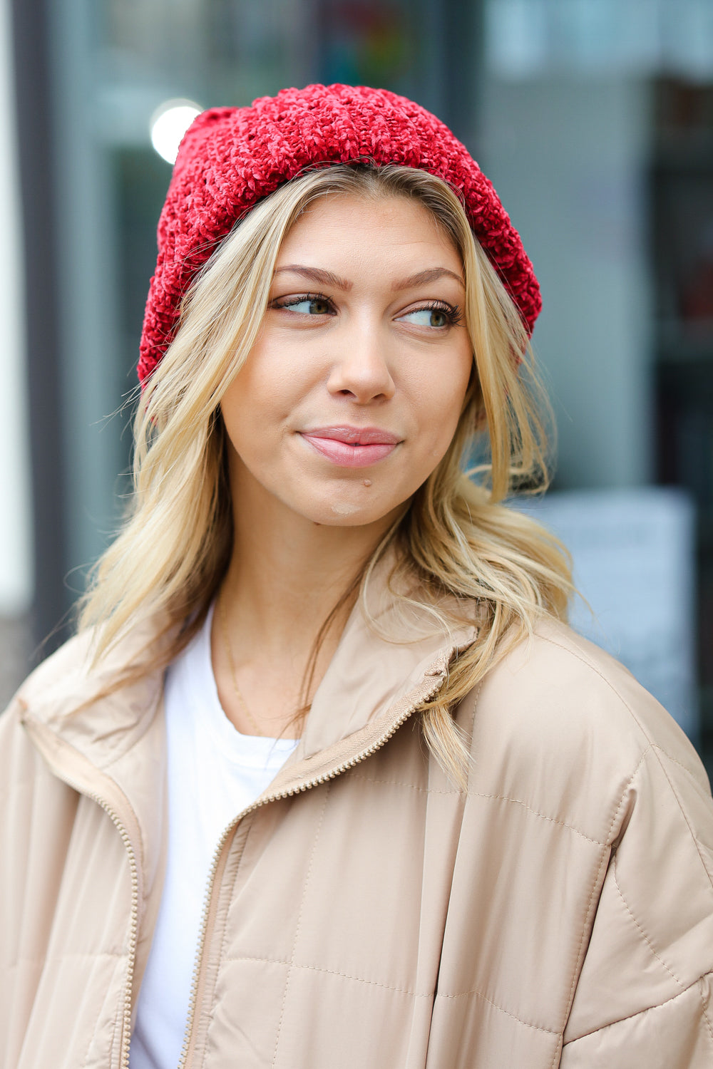 Cranberry Knit Velvet Chenille Fold Over Beanie displayed on a neutral background, showcasing its soft texture and vibrant color.