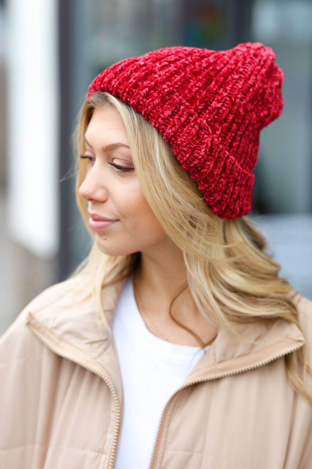 Cranberry Knit Velvet Chenille Fold Over Beanie displayed on a neutral background, showcasing its soft texture and vibrant color.