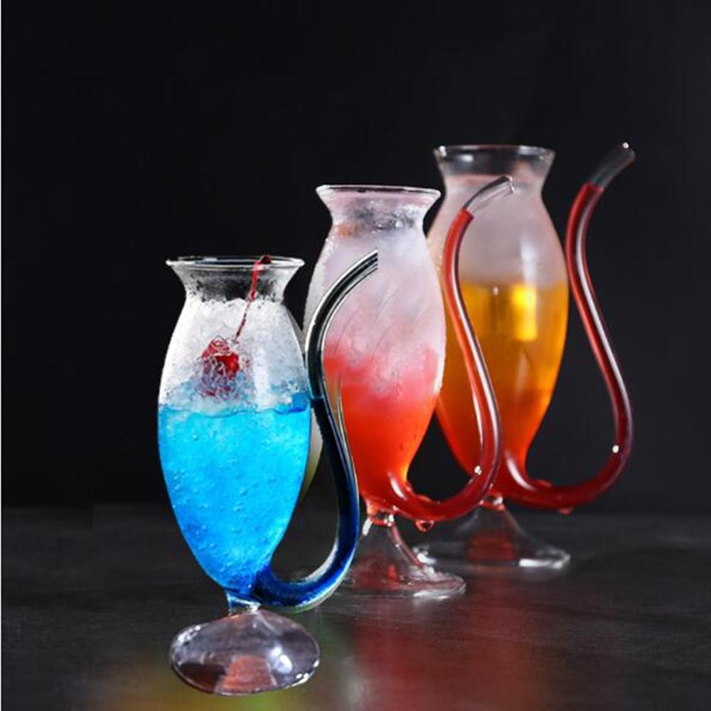 Creative Goblet Glass Mug with Straw, showcasing its elegant design and transparent material, perfect for cold drinks.