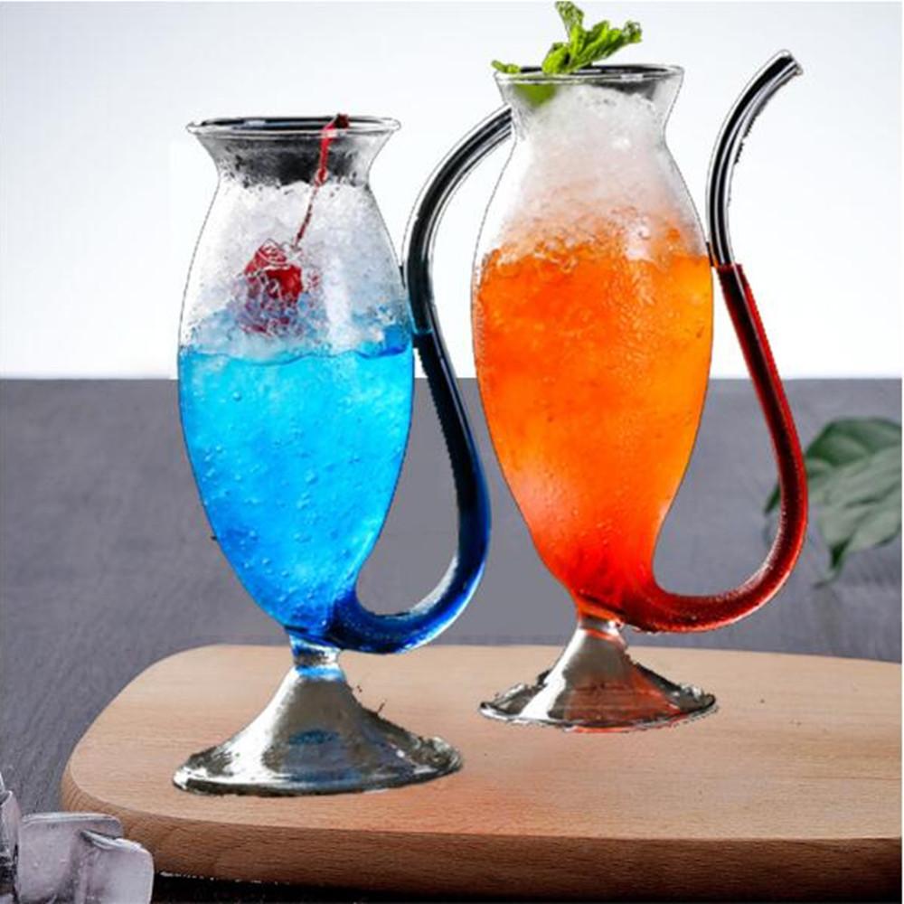 Creative Goblet Glass Mug with Straw, showcasing its elegant design and transparent material, perfect for cold drinks.