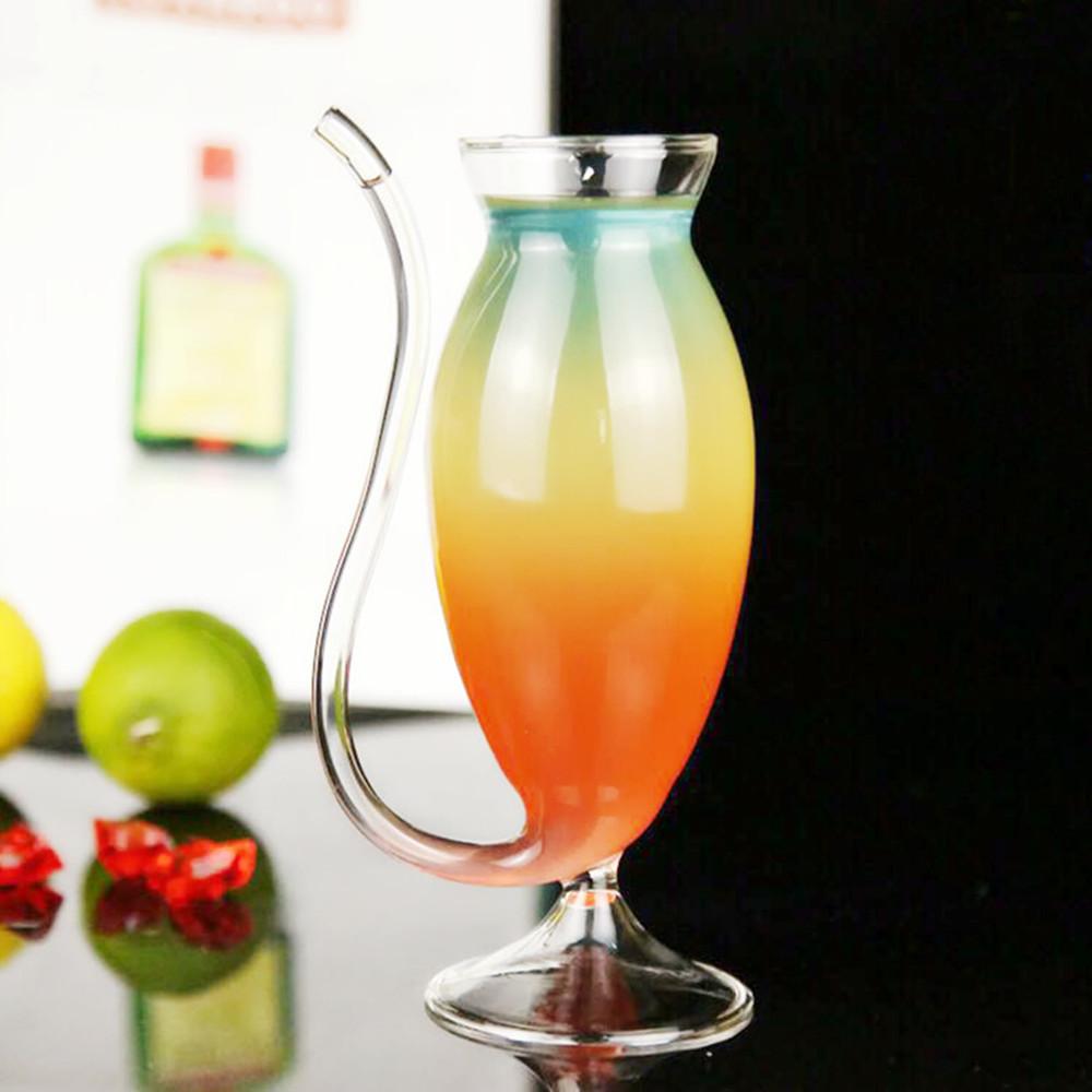 Creative Goblet Glass Mug with Straw, showcasing its elegant design and transparent material, perfect for cold drinks.