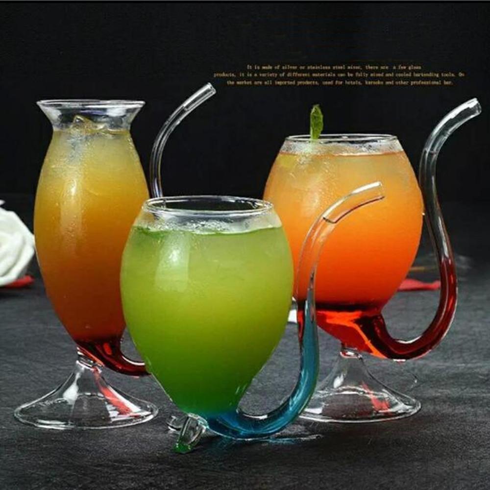 Creative Goblet Glass Mug with Straw, showcasing its elegant design and transparent material, perfect for cold drinks.