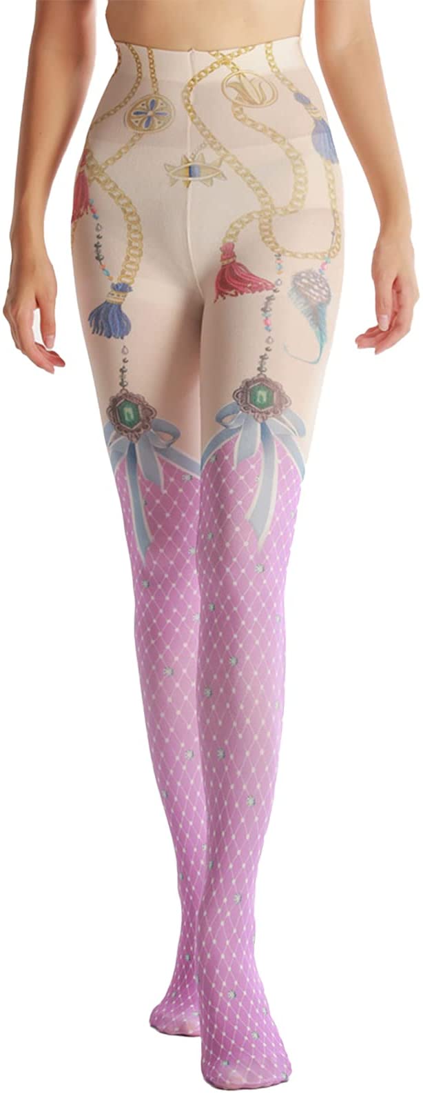 A pair of CREATIVE Pantyhose featuring a vibrant all-over print, designed with a high waist and full footed style, perfect for stylish outfits.