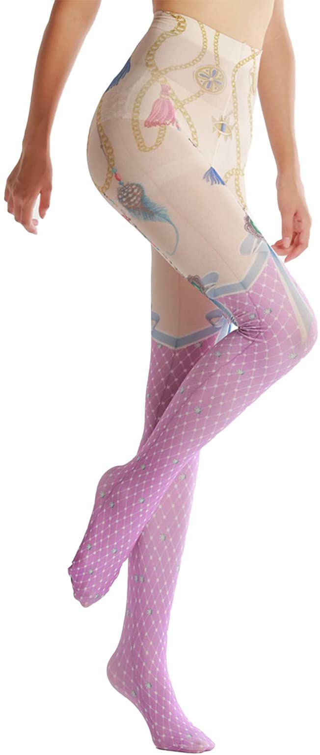 A pair of CREATIVE Pantyhose featuring a vibrant all-over print, designed with a high waist and full footed style, perfect for stylish outfits.