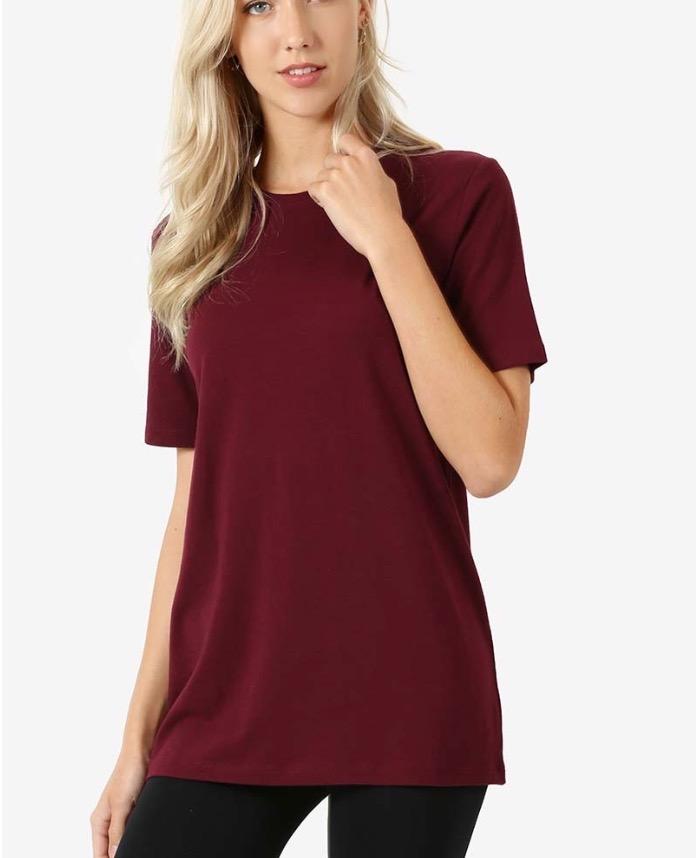 Crew neck basic short-sleeve tee in burgundy and navy colors, showcasing soft fabric and relaxed fit.