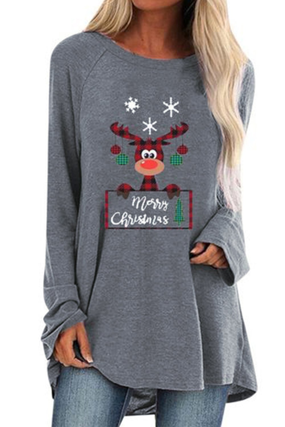 A stylish Crew Neck Elk Print Christmas Tunic Top featuring a silver reindeer graphic on the chest, designed for comfort and festive occasions.