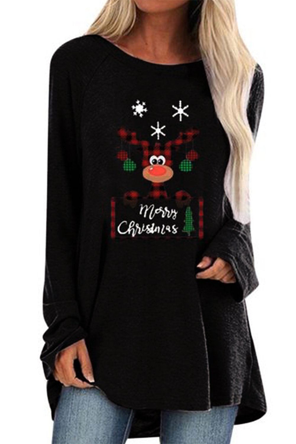 A stylish Crew Neck Elk Print Christmas Tunic Top featuring a silver reindeer graphic on the chest, designed for comfort and festive occasions.