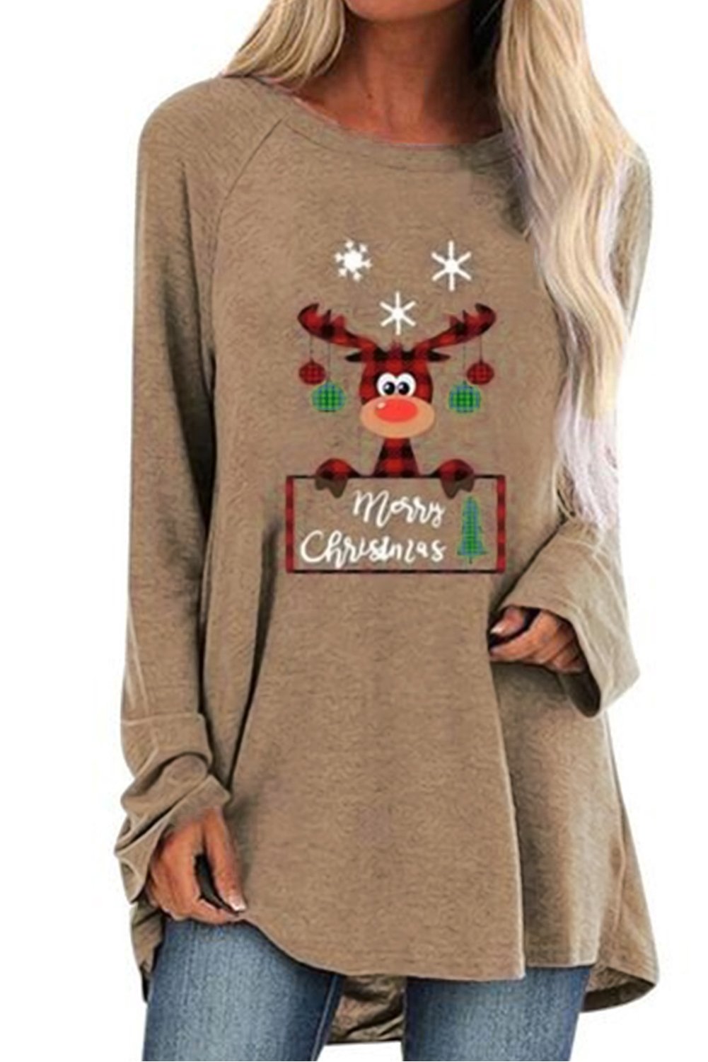 A stylish Crew Neck Elk Print Christmas Tunic Top featuring a silver reindeer graphic on the chest, designed for comfort and festive occasions.