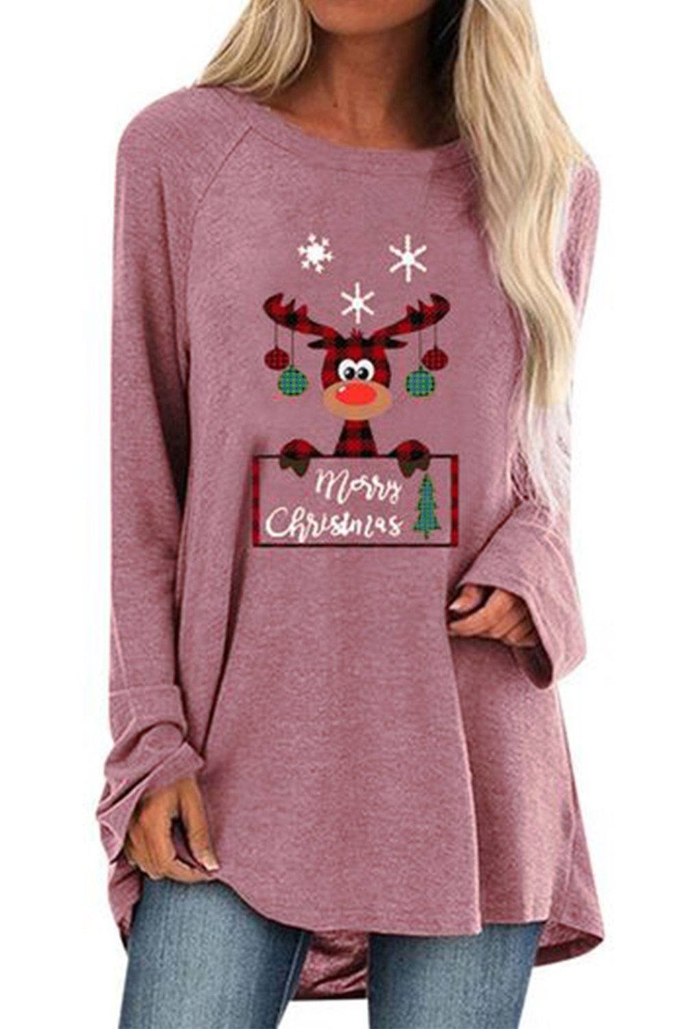 A stylish Crew Neck Elk Print Christmas Tunic Top featuring a silver reindeer graphic on the chest, designed for comfort and festive occasions.