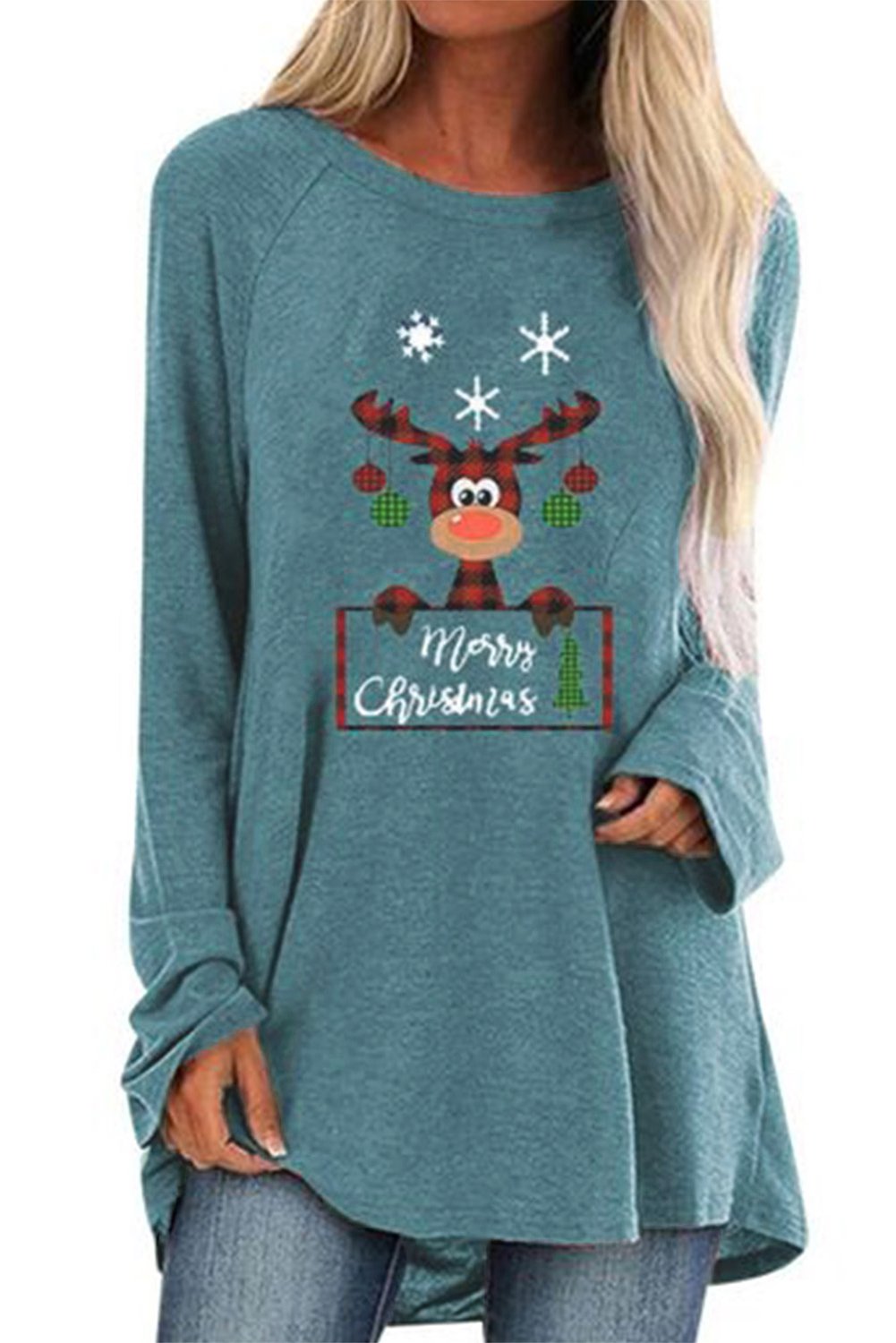 A stylish Crew Neck Elk Print Christmas Tunic Top featuring a silver reindeer graphic on the chest, designed for comfort and festive occasions.