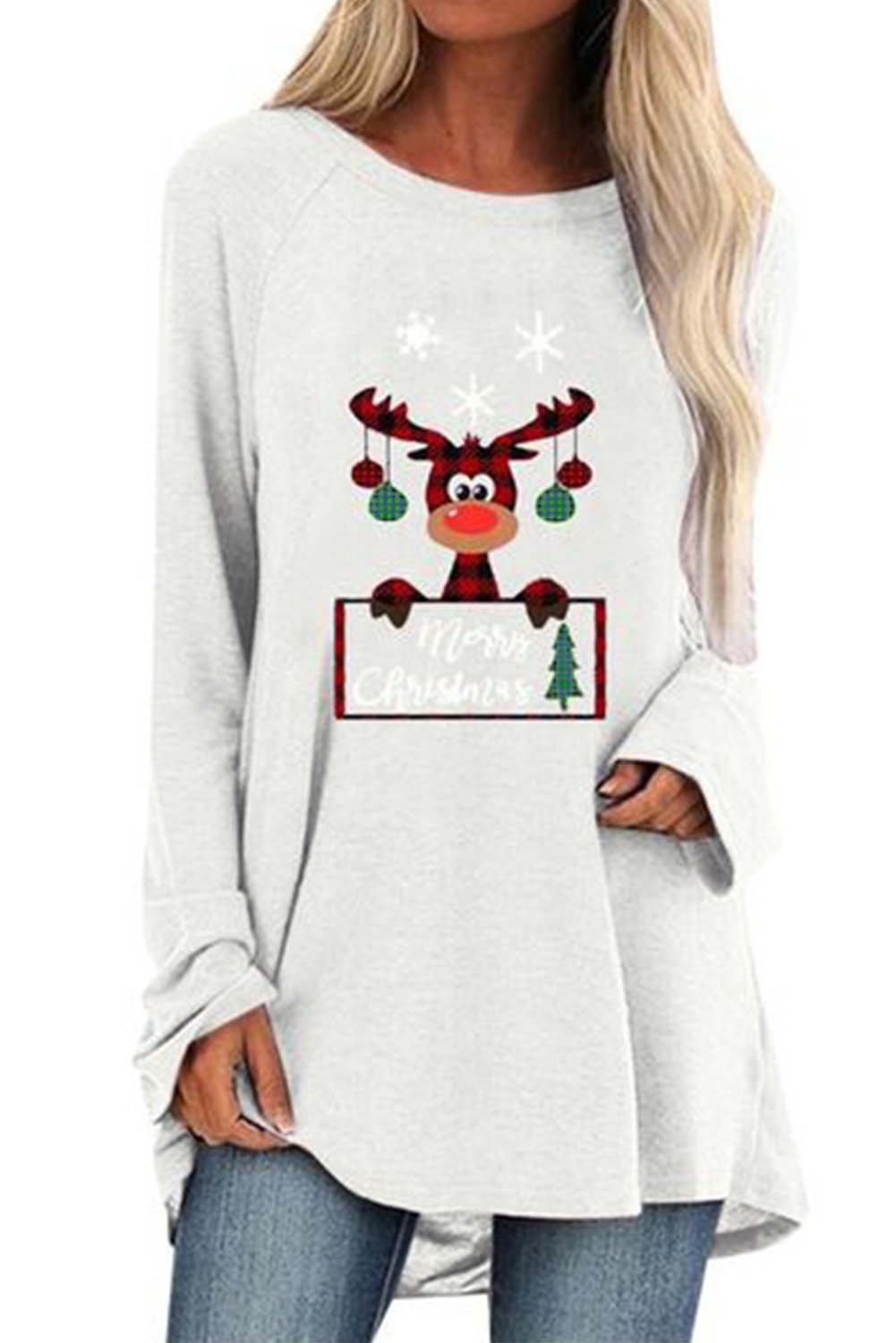 A stylish Crew Neck Elk Print Christmas Tunic Top featuring a silver reindeer graphic on the chest, designed for comfort and festive occasions.